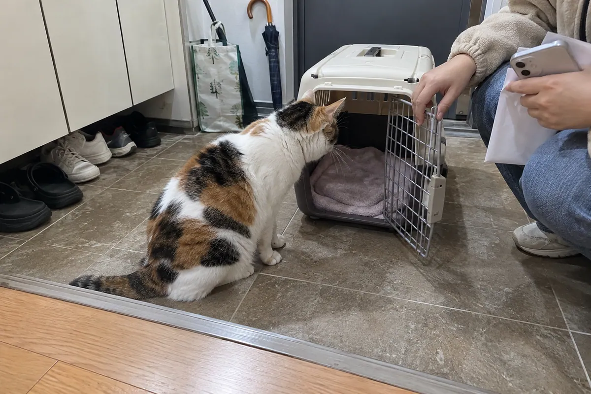 현관 바닥에 문이 열린 이동장이 놓여 있고 흰 바탕 삼색 고양이가 안쪽 냄새를 맡으며 보호자가 이동장 문을 잡고 있는 모습