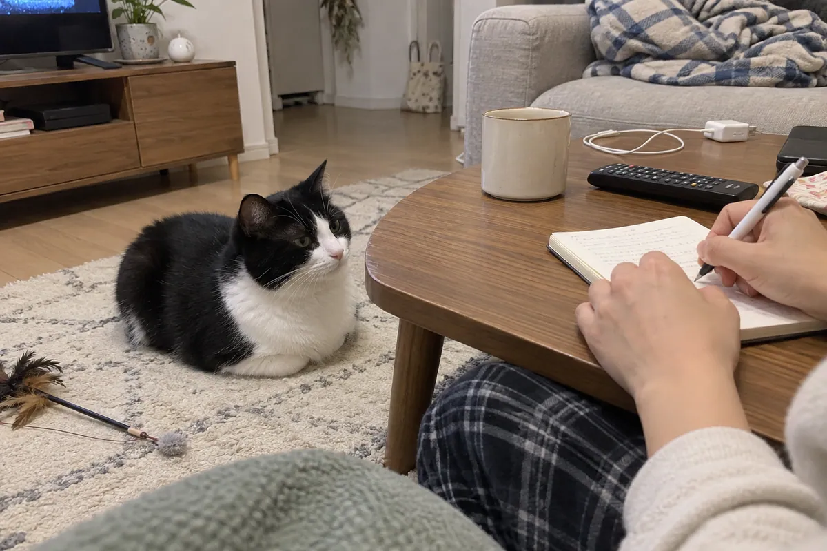 거실 러그 위에 식빵 자세로 엎드린 턱시도 고양이가 낮은 탁자에서 수첩에 적고 있는 보호자 쪽을 바라보는 모습
