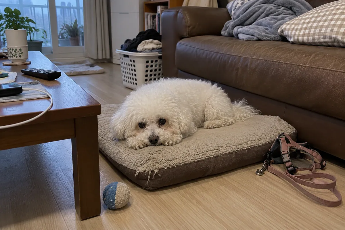 늦은 오후 살짝 어질러진 거실의 소파 옆 낡은 방석에 흰 비숑 프리제가 턱을 앞발에 올리고 엎드려 쉬고, 옆에 벗어 둔 분홍 하네스와 목줄, 공이 놓인 모습