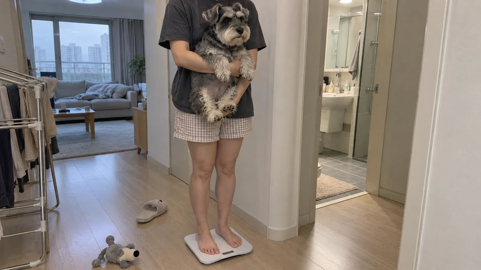 흐린 날 아파트 거실 옆 복도에서 보호자가 흰 체중계 위에 맨발로 서서 회색 미니어처 슈나우저를 두 팔로 안고 있는 모습