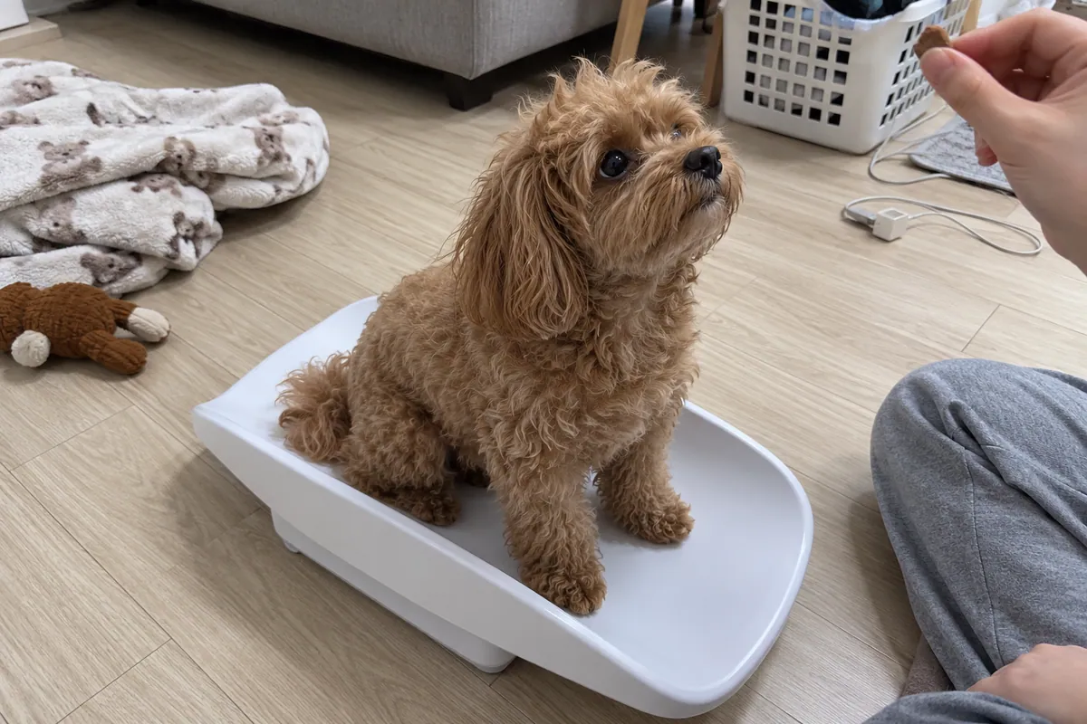 거실 장판 바닥에 놓인 흰 아기 저울 받침 위에 갈색 몰티푸가 앉아 간식을 든 보호자 손을 올려다보는 모습
