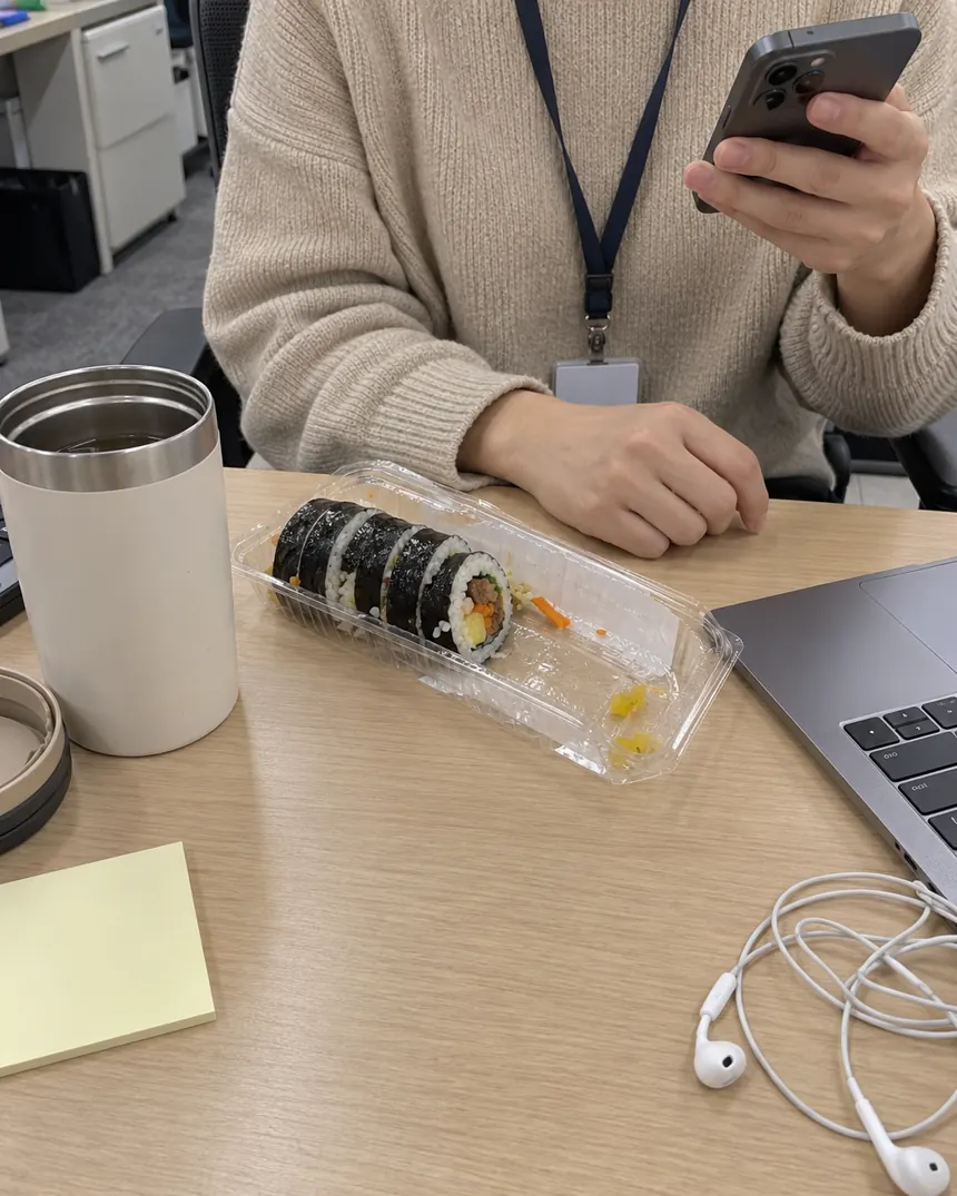 회사 책상에서 점심으로 김밥을 먹다가 휴대폰 알림을 확인하는 보호자의 손