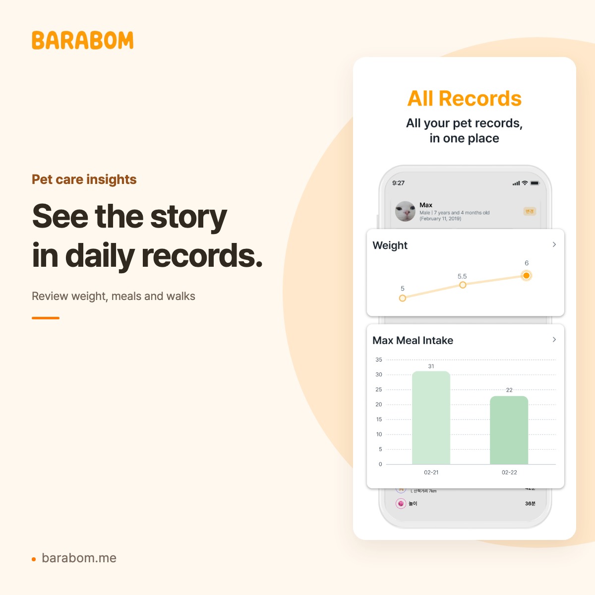 Barabom overview with pet weight and daily care charts